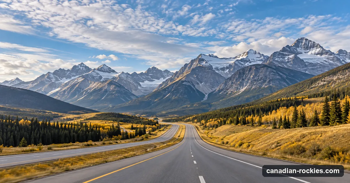 An empty highway climbing from rolling foothills toward the front ranges of the mountains