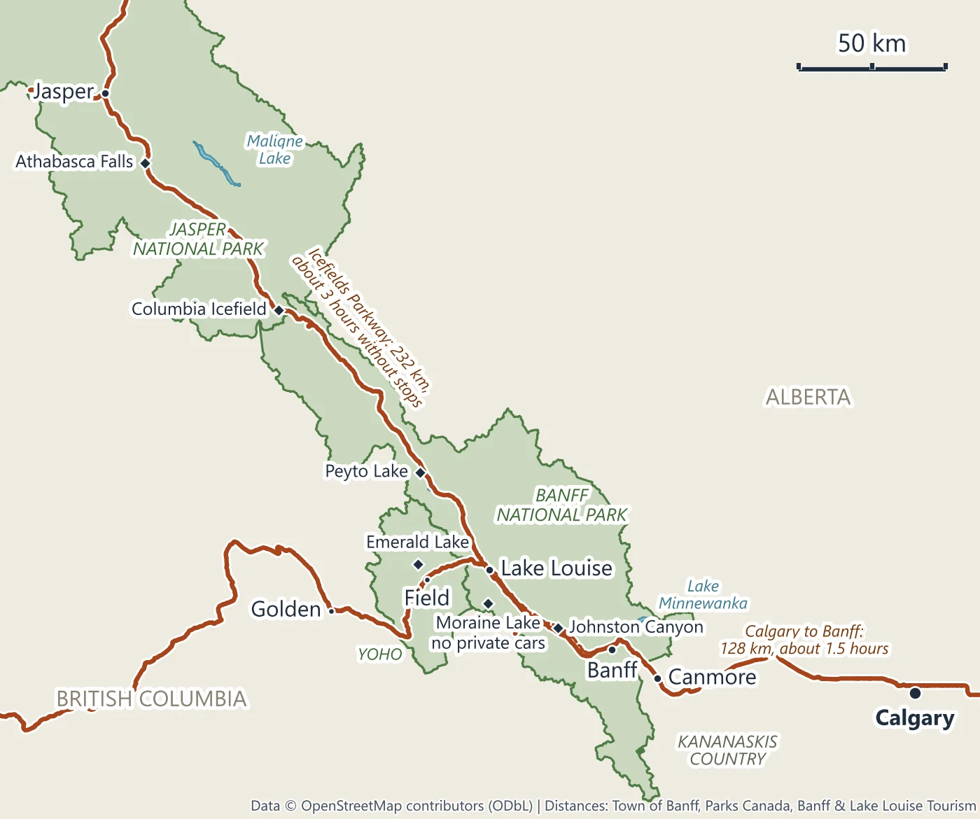 Map of the Canadian Rockies: Banff, Yoho and Jasper national parks with Calgary, Canmore, Banff, Lake Louise, Field and Jasper, Moraine Lake, Emerald Lake, Johnston Canyon, Peyto Lake, the Columbia Icefield and Athabasca Falls, and the Icefields Parkway