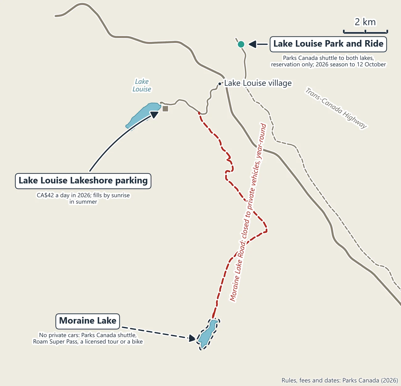 Map of the roads to Moraine Lake and Lake Louise: the Lake Louise Park and Ride for the Parks Canada shuttle, the paid Lakeshore lot, and Moraine Lake Road, closed to private vehicles year-round