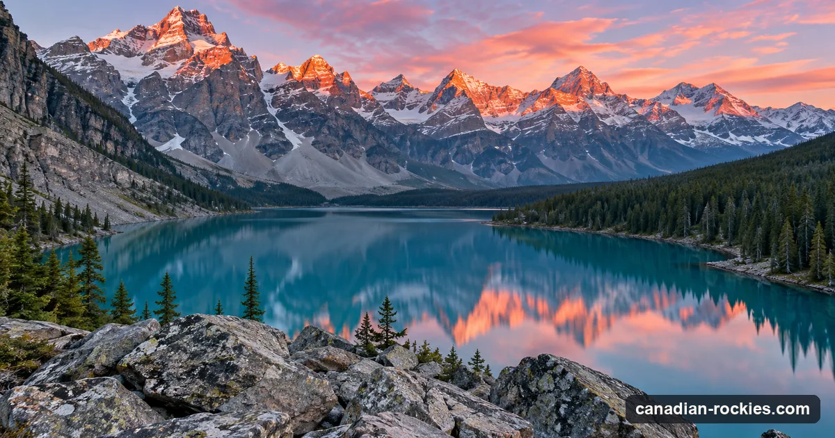 A turquoise lake below a row of jagged peaks at sunrise, boulders in the foreground