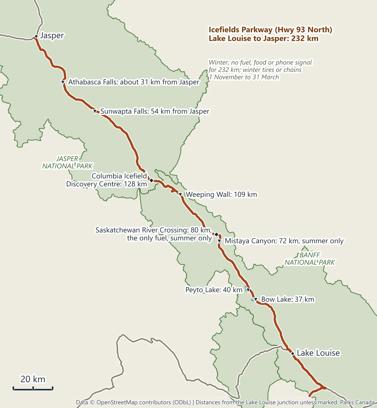 Map of the Icefields Parkway from Lake Louise to Jasper with Bow Lake, Peyto Lake, Mistaya Canyon, Saskatchewan River Crossing, Weeping Wall, the Columbia Icefield, Sunwapta Falls and Athabasca Falls
