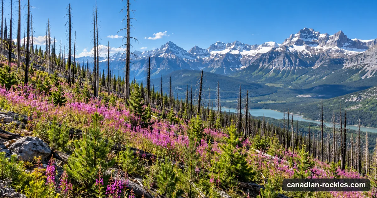 Young pine regrowth and pink fireweed among standing burned trunks on a mountain slope
