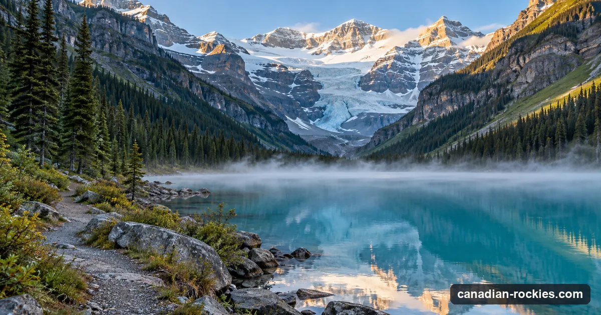 A calm turquoise lake below a hanging glacier between steep forested slopes in early morning